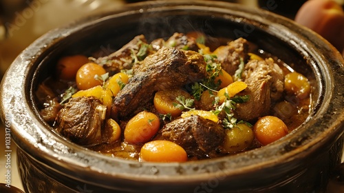 A Moroccan tagine, with slow-cooked lamb, apricots, and a fragrant mix of spices.