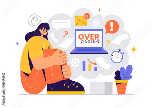 Overloading Vector Illustration of a Busy Employee Multitasking to Complete Numerous Documents and Digital Tasks in a Flat Style Cartoon Background