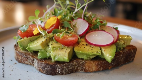 A plate of avocado toast, topped with cherry tomatoes, radish slices, and microgreens.