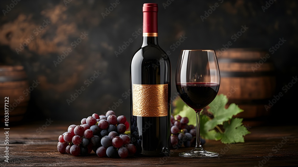 Obraz premium Premium wine bottle with embossed gold foil label, elegant design, wine glass and grapes arranged on dark wooden table, photorealistic style, isolated on white background