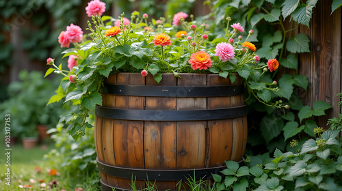 Beautiful flowers in a wooden barrel planter in a lush garden background photo