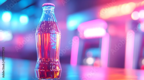 Retro soda bottle with a colorful label, 1950s diner counter, neon lights, vintage jukebox in the background, Pop art, vibrant colors, digital illustration, high detail