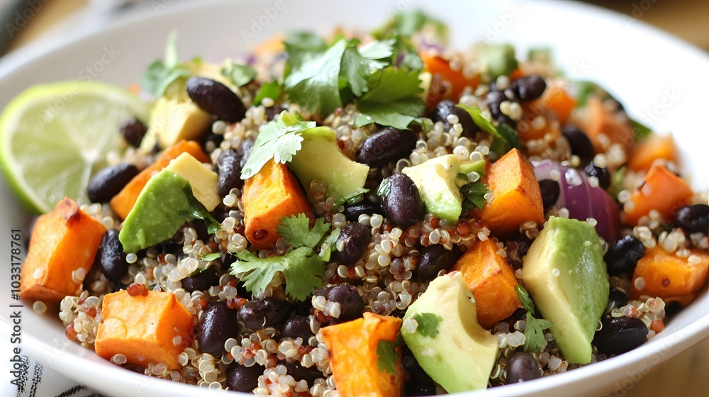 A quinoa salad, mixed with roasted sweet potatoes, avocado, black beans, and a tangy lime dressing.
A quinoa salad, mixed with roasted sweet potatoes, avocado, black beans, and a tangy lime dressing.