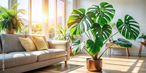 Variegated Monstera Plant in Modern Living Room Interior with Copy Space for Home Decor Ideas