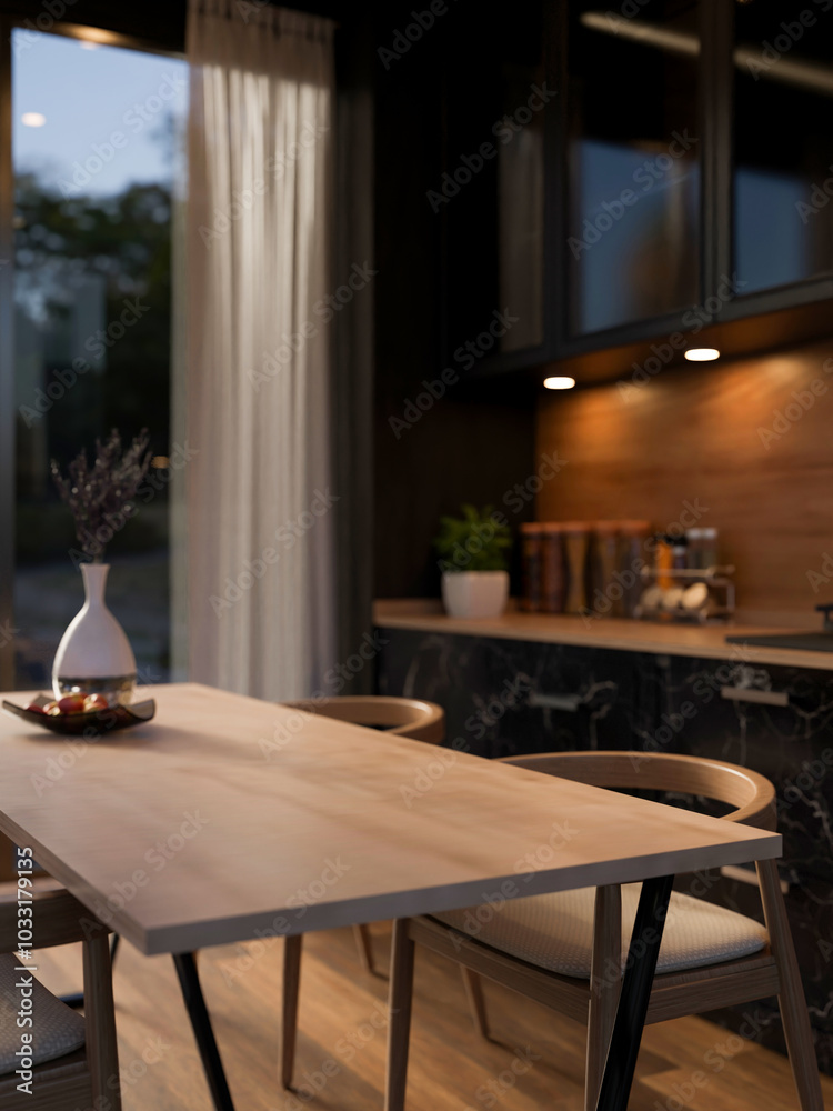 A close-up of a hardwood dining table with armchairs in a contemporary, luxurious black kitchen. A close-up of a hardwood dining table with armchairs in a contemporary, luxurious black kitchen.