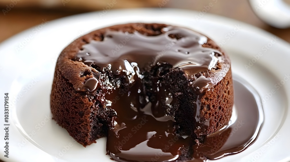 A rich molten lava cake, with a gooey chocolate center oozing out as you cut into it.
A rich molten lava cake, with a gooey chocolate center oozing out as you cut into it.