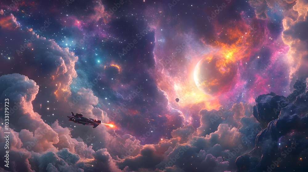 Spaceship Flying Through a Starry Nebula with a Distant Planet Spaceship Flying Through a Starry Nebula with a Distant Planet