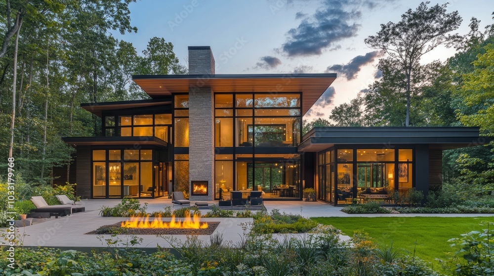 A modern home with a bold geometric aesthetic, large windows framing a tranquil garden and an elegant outdoor fireplace. A modern home with a bold geometric aesthetic, large windows framing a tranquil garden and an elegant outdoor fireplace.