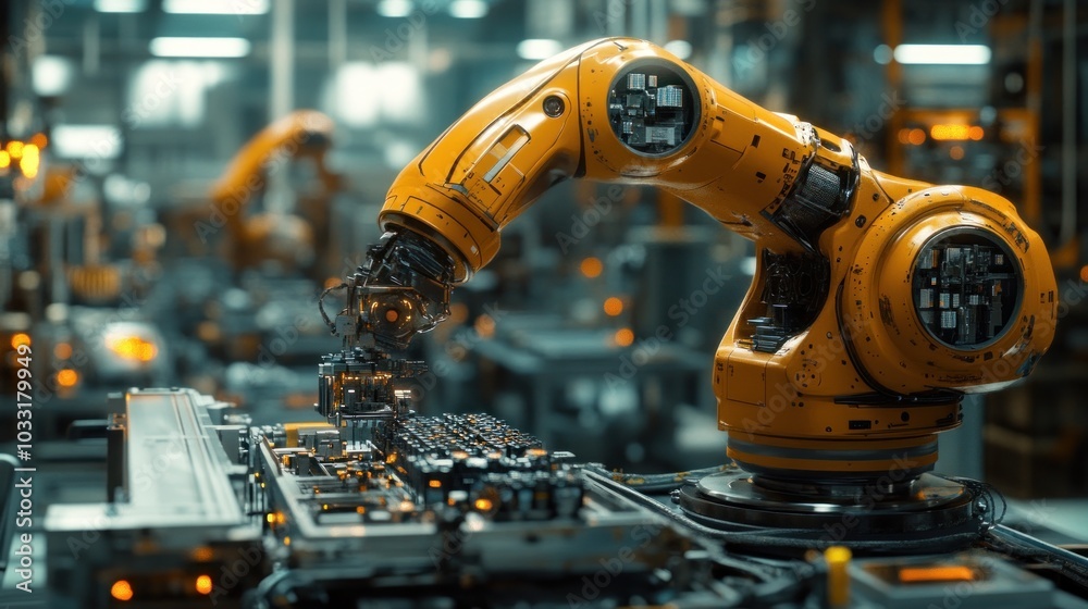 Industrial robotic arm assembling components in a high-tech factory setting. Industrial robotic arm assembling components in a high-tech factory setting.
