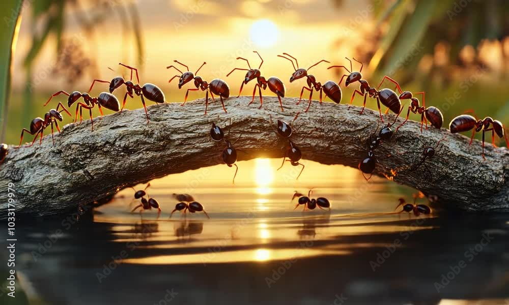 group of ants at sunset