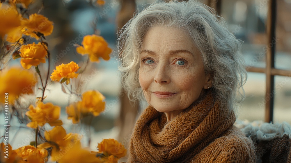 An elderly woman with curly gray hair smiles warmly amidst vibrant yellow flowers in a sunlit garden setting An elderly woman with curly gray hair smiles warmly amidst vibrant yellow flowers in a sunlit garden setting