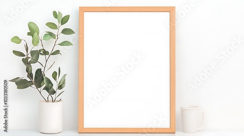 Natural Light Illuminates a Simple Wooden Frame with Greenery Accents. AI Generated