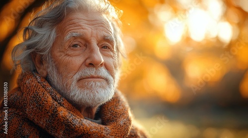 An elderly man with a thoughtful expression stands against a backdrop of autumn foliage during sunset in a serene park