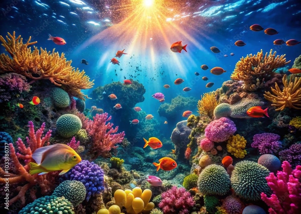 Naklejka premium Vibrant Coral Reef Underwater Scene with Bubbles Rising - Stunning Marine Life Photography