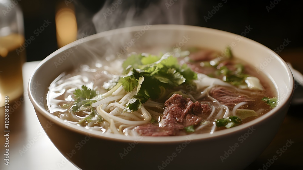 A steaming bowl of Vietnamese pho, with rice noodles, fresh herbs, and slices of beef.


