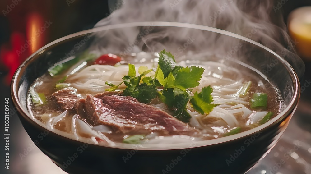 A steaming bowl of Vietnamese pho, with rice noodles, fresh herbs, and slices of beef.
A steaming bowl of Vietnamese pho, with rice noodles, fresh herbs, and slices of beef.
