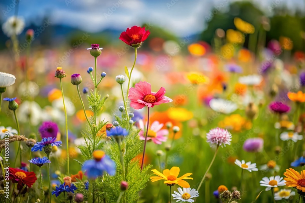 Vibrant Floral Meadow with Blooming Wildflowers in Serene Outdoor Landscape Photography