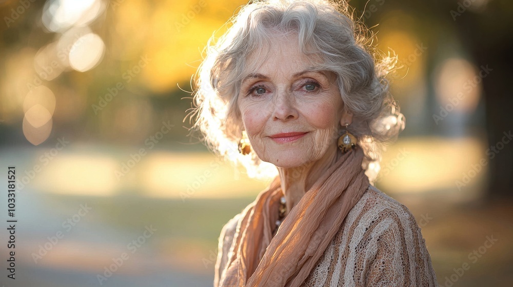 Elegant elderly woman with silver hair poses outdoors surrounded by autumn foliage in a warm afternoon light Elegant elderly woman with silver hair poses outdoors surrounded by autumn foliage in a warm afternoon light