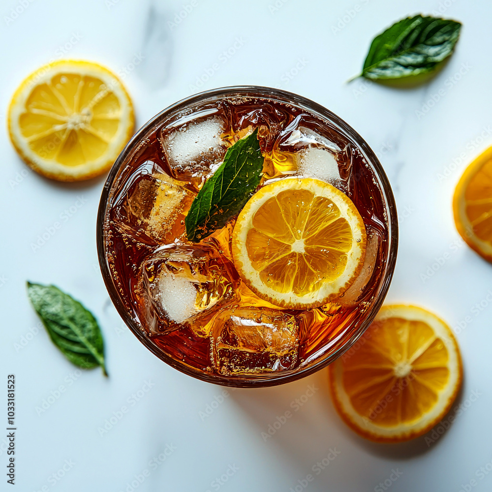 A refreshing drink with lemon slices and mint, served over ice. A refreshing drink with lemon slices and mint, served over ice.