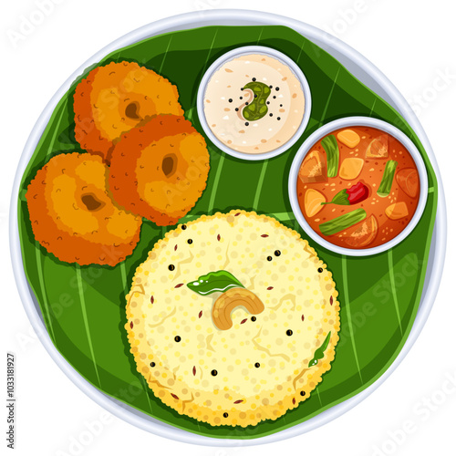 Ven Pongal with Vada, Coconut Chutney and Sambar on Banana Leaf in Thali - Top View South Indian Breakfast Illustration