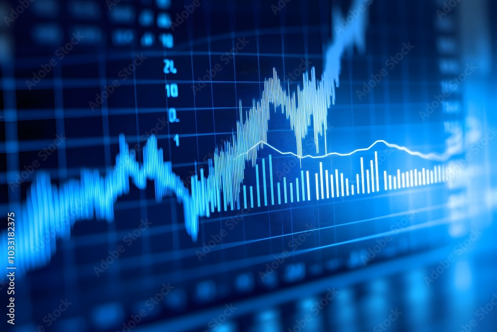 A stock market graph with candlestick chart and trading lines on a blue background, a financial online concept A stock market graph with candlestick chart and trading lines on a blue background, a financial online concept