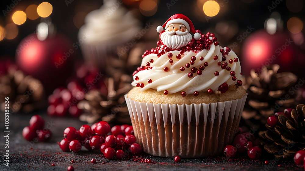 A Cupcake Decorated with a Santa Claus Figure and Christmas Ornaments, Featuring Festive Icing and Holiday-themed Details for a Joyful Celebration.
A Cupcake Decorated with a Santa Claus Figure and Christmas Ornaments, Featuring Festive Icing and Holiday-themed Details for a Joyful Celebration.
