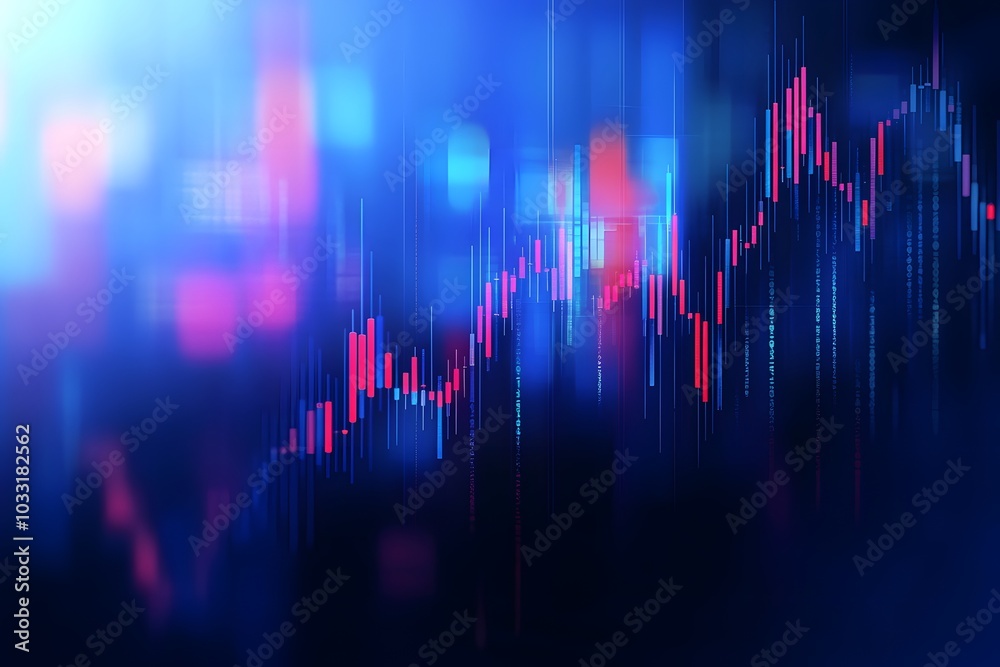 A stock market graph with candlestick chart and trading lines on a blue background, a financial online concept A stock market graph with candlestick chart and trading lines on a blue background, a financial online concept