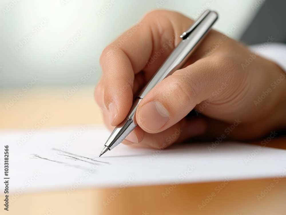 A close-up of a hand holding a pen, signing a legal document, symbolizing legal agreements and contracts A close-up of a hand holding a pen, signing a legal document, symbolizing legal agreements and contracts