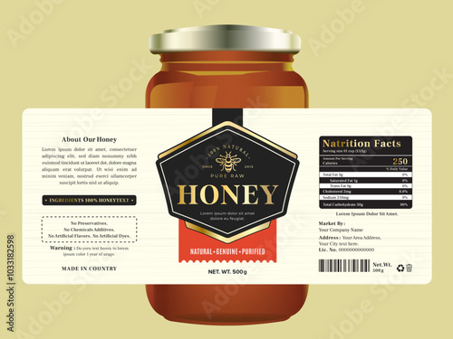 Honey label and print product packaging combines a modern honeycomb design with dark tones, creating a sleek, bold look.