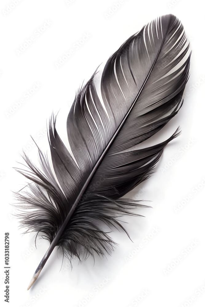 Black Feather Isolated on White Background. A single black feather with detailed texture isolated on a white background.