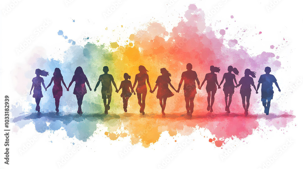 Watercolor Freedom, vibrant ink spots on white, silhouettes of diverse people, symbolizing creativity, friendship, and family training Watercolor Freedom, vibrant ink spots on white, silhouettes of diverse people, symbolizing creativity, friendship, and family training