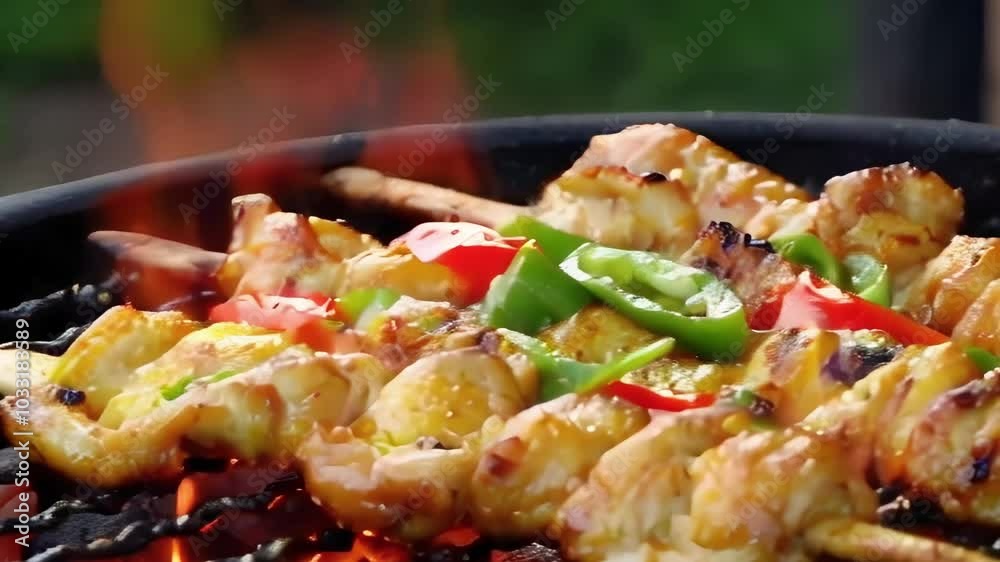 chicken and green pepper kebabs grilling on a barbeque with flames. Shallow focus and light smoke chicken and green pepper kebabs grilling on a barbeque with flames. Shallow focus and light smoke