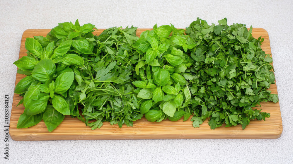 A vibrant assortment of fresh herbs displayed on a wooden cutting board, showcasing basil, parsley, and arugula in various shades of green. A vibrant assortment of fresh herbs displayed on a wooden cutting board, showcasing basil, parsley, and arugula in various shades of green.