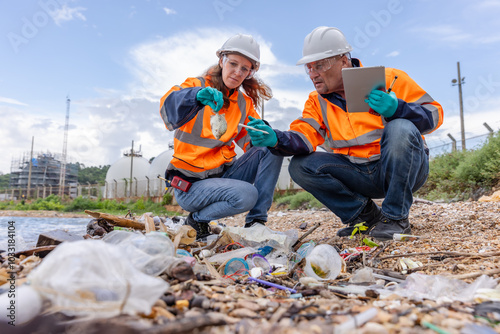 Wallpaper Mural Two environmental scientists  management professionals, wearing protective gear such as hard hats, gloves, and high-visibility jackets analysis waste and sewage from industrial factories kill fish Torontodigital.ca