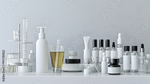 A collection of various white and clear cosmetic bottles with droppers, pumps and caps on a white shelf.