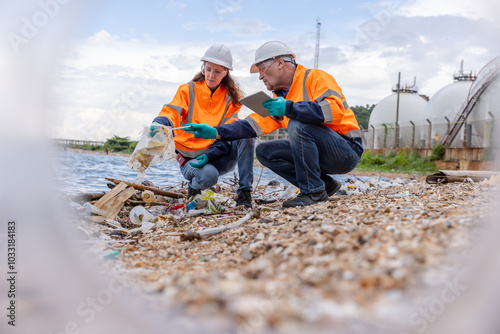 Two environmental management experts wearing protective gear such as hard hats, gloves and reflective vests analyze coastal waste and industrial wastewater.