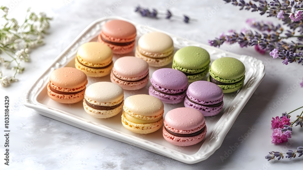 A tray of colorful macarons, in pastel shades with flavors like raspberry, pistachio, and lavender.
A tray of colorful macarons, in pastel shades with flavors like raspberry, pistachio, and lavender.