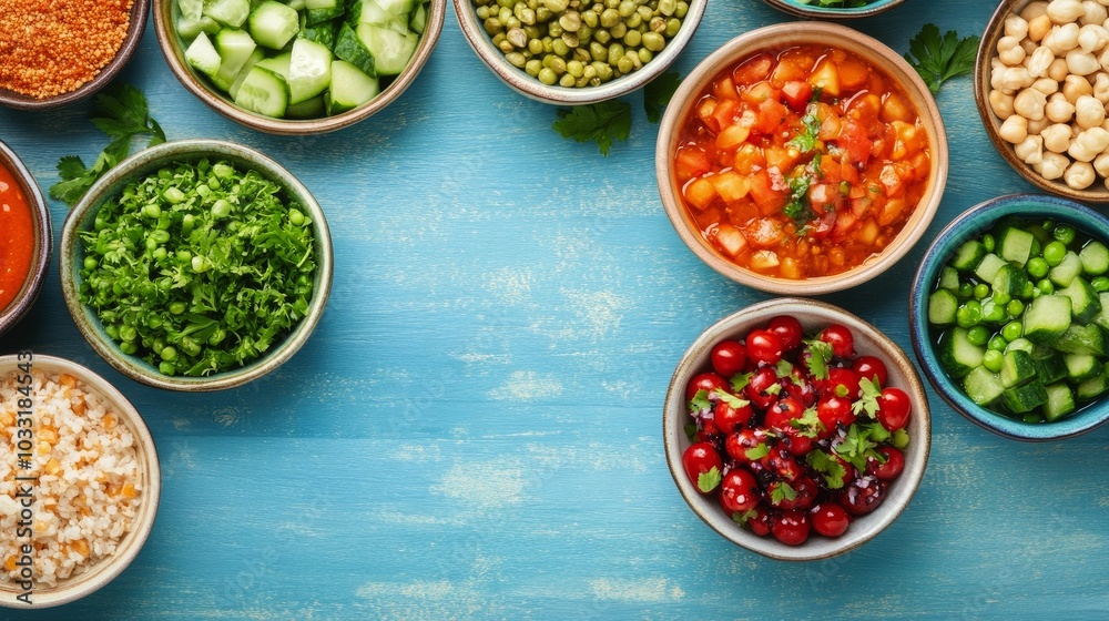 A vibrant vegetarian feast, with colorful dishes laid out on a rustic wooden table, symbolizing healthy living A vibrant vegetarian feast, with colorful dishes laid out on a rustic wooden table, symbolizing healthy living