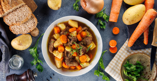 beef stew with carrot, potato and broth photo