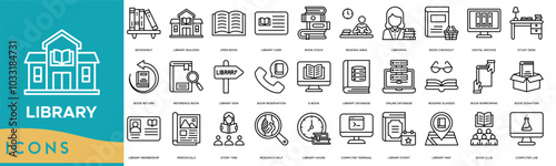 Library icon. Bookshelf, Library Building, Open Book, Library Card and Book StackLibrary