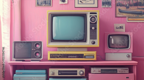 A vibrant display of retro electronics against a pink wall, showcasing nostalgic design and vintage charm.