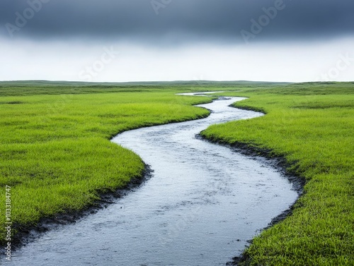 A meandering river stained with pollutants flows beneath ominous skies, reflecting the consequences of humanity's neglect towards the environment.