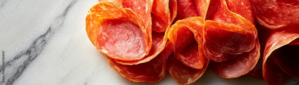 Bologna slices artistically fanned out on marble with vibrant lighting, perfect for high-end culinary promotions, fresh, juicy appearance Bologna slices artistically fanned out on marble with vibrant lighting, perfect for high-end culinary promotions, fresh, juicy appearance