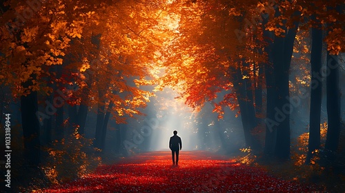 A lone figure walks through a misty forest path, bathed in the warm glow of autumn leaves.