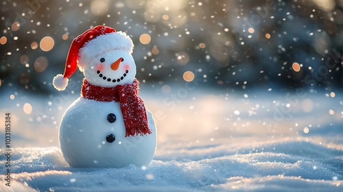 Festive Snowman with Santa Hat and Red Scarf in Snow