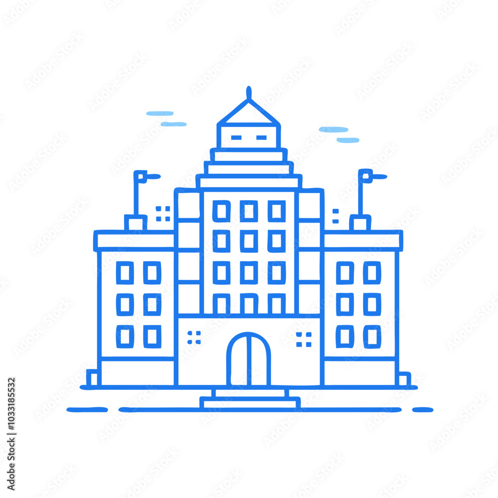 Fototapeta premium Government building with flags and architectural features illustrated in a modern style, blue colors, copy space