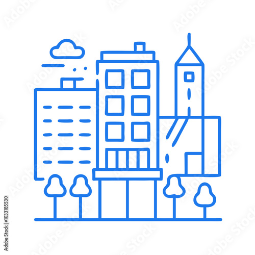 Cityscape with buildings, trees, and clouds illustrated in a modern style, blue colors, copy space