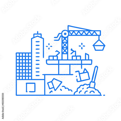 Construction site with debris and crane, illustrated in a modern style, blue colors, copy space