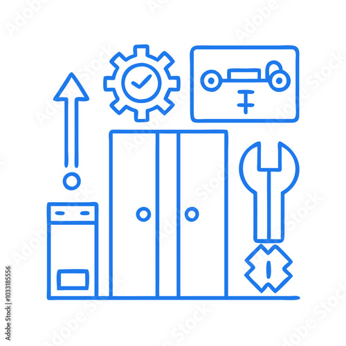 Elevator repair tools and equipment illustration in a modern style, blue colors, copy space