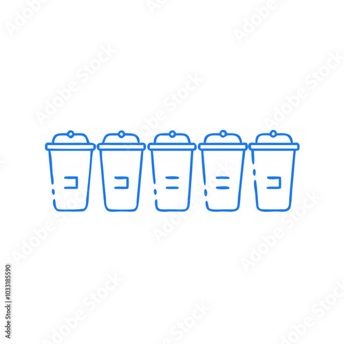 Trash bins lined up in a row, illustrated in a modern style, blue colors, copy space